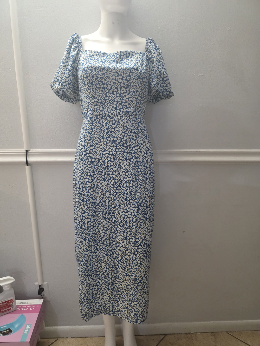 SHEIN Blue Daisy-Print Square Neck Maxi Dress